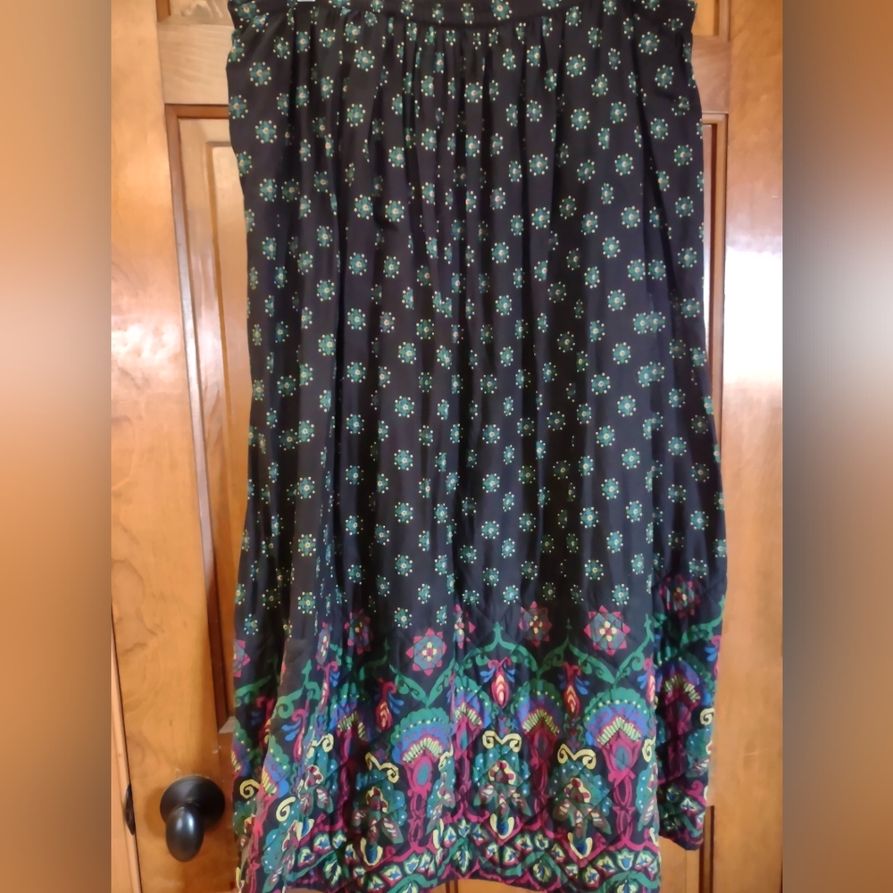 April Cornell Folkloric Print Black A-line Maxi Skirt